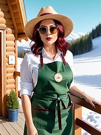 A seductive brunette with tanned skin sipping wine at a ski lodge in the afternoon sun