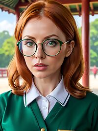 A woman in her forties wearing a green school uniform and round glasses