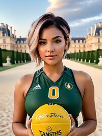 A 28 year old athletic woman sunbathes naked on lawn at sunrise in Versailles