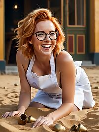 A muscular woman in her 30s with ginger hair and glasses