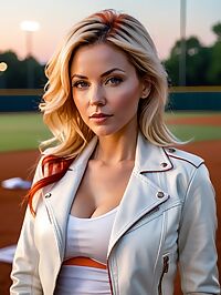 A blonde woman with red highlights stands out in the darkened baseball field