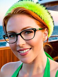 A 43 year old woman in a green bikini and ginger blonde hairstyle surprises on a dawn lit cruise ship deck